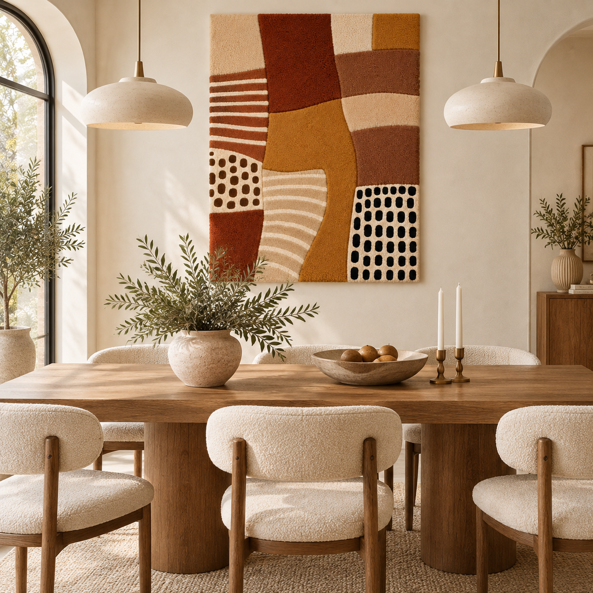 Hewn Earth Ochre Patchwork Rhythm wall art hanging on a living room wall with geometric patchwork design.