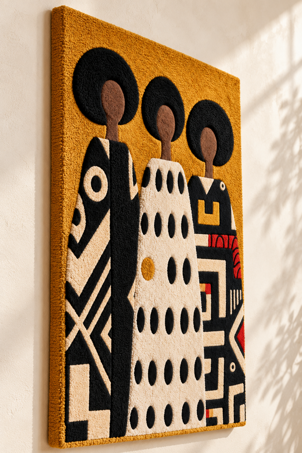 Hewn Earth wall art titled "Ochre Patterned Sisters" featuring abstract ochre and beige geometric patterns on canvas.
