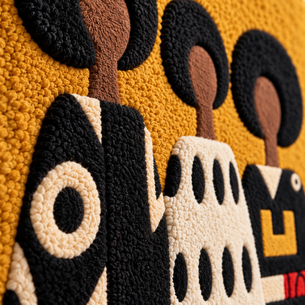 Close-up of Hewn Earth wall art titled "Ochre Patterned Sisters" featuring intricate ochre and neutral-toned patterns.
