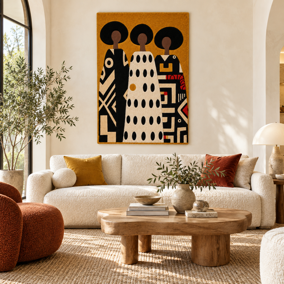 Hewn Earth wall art featuring ochre patterned sisters with intricate designs, perfect for modern home decor.