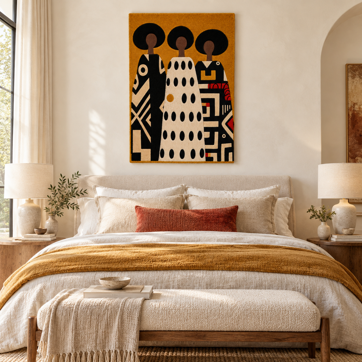 Hewn Earth Ochre Patterned Sisters wall art featuring abstract geometric designs in warm ochre tones, displayed in a room setting