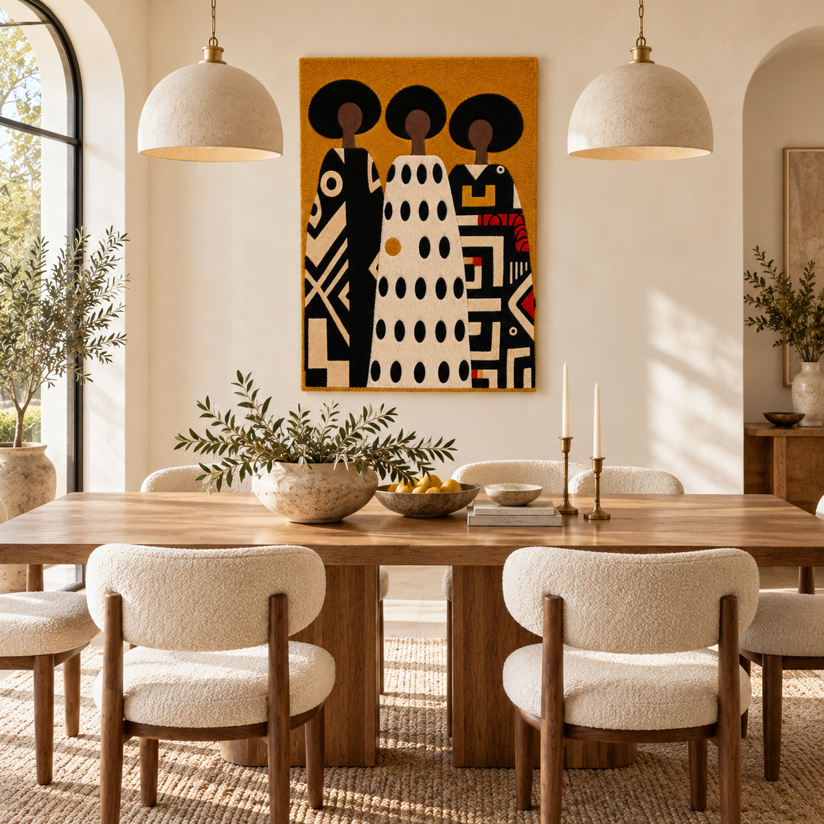 Hewn Earth Ochre Patterned Sisters wall art featuring abstract ochre and cream design, ideal for modern interior decor.