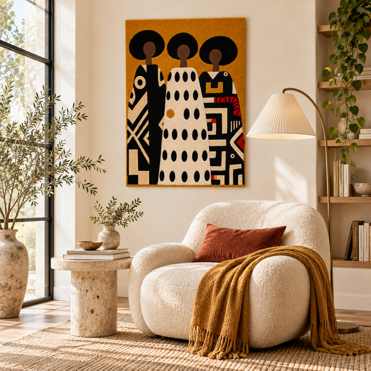 Ochre Patterned Sisters wall art by Hewn Earth featuring vibrant, abstract designs displayed in a modern room setting.