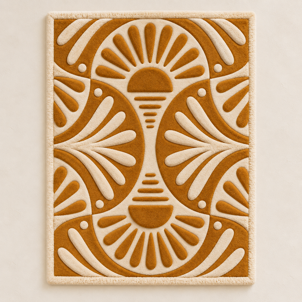 Hewn Earth Ochre Radiant Fans wall art featuring layered, fan-shaped designs in warm ochre tones for modern home decor.