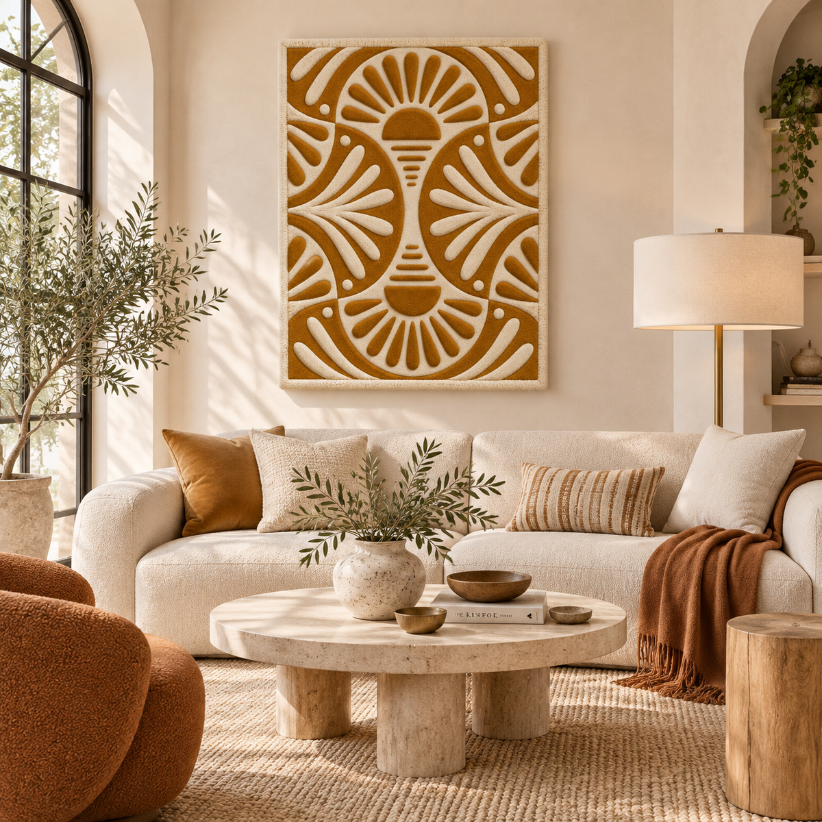 Hewn Earth Ochre Radiant Fans wall art featuring abstract fan-shaped design in warm ochre tones for modern interior decor.