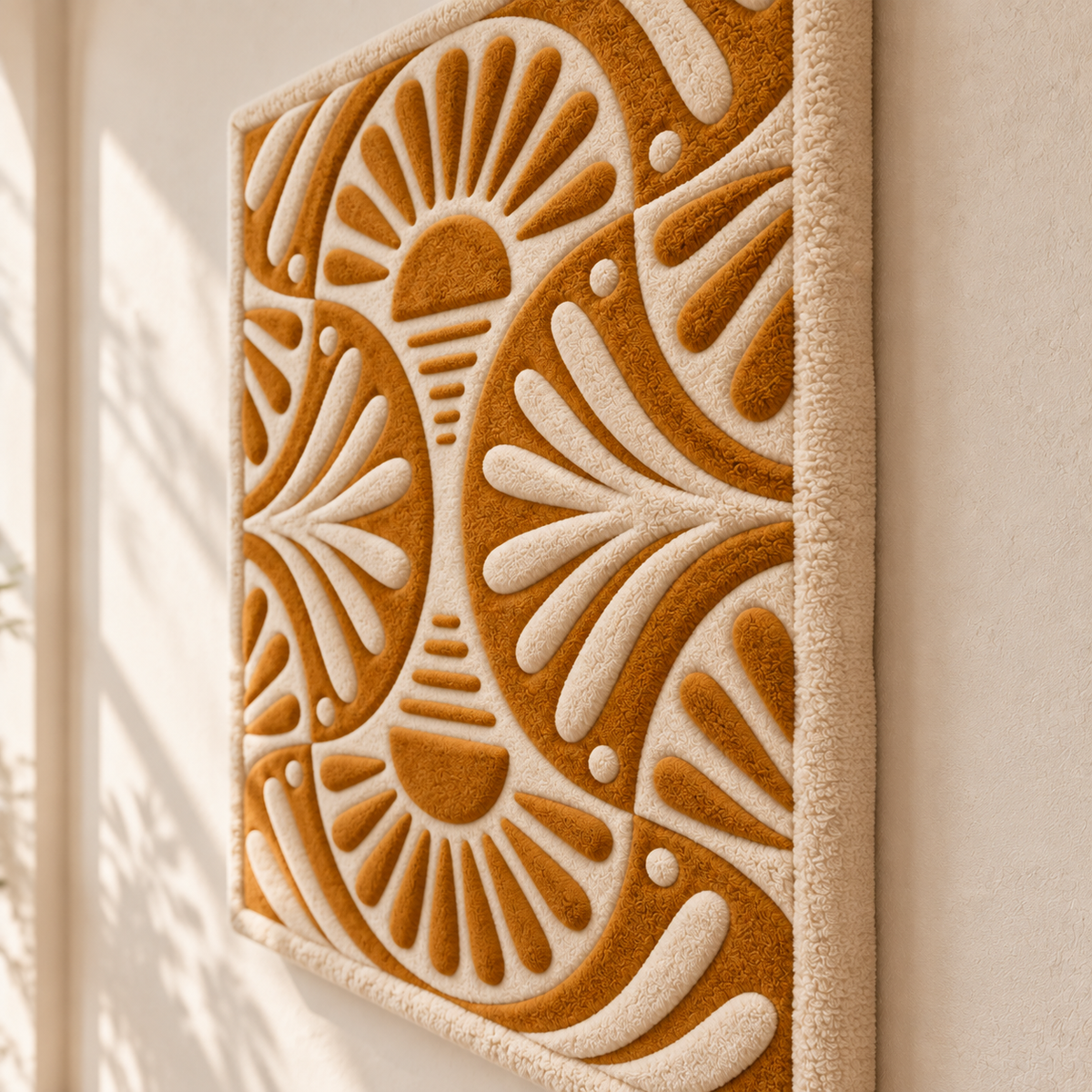 Hewn Earth Ochre Radiant Fans wall art featuring a vibrant ochre-colored fan design, displayed from an angled perspective.