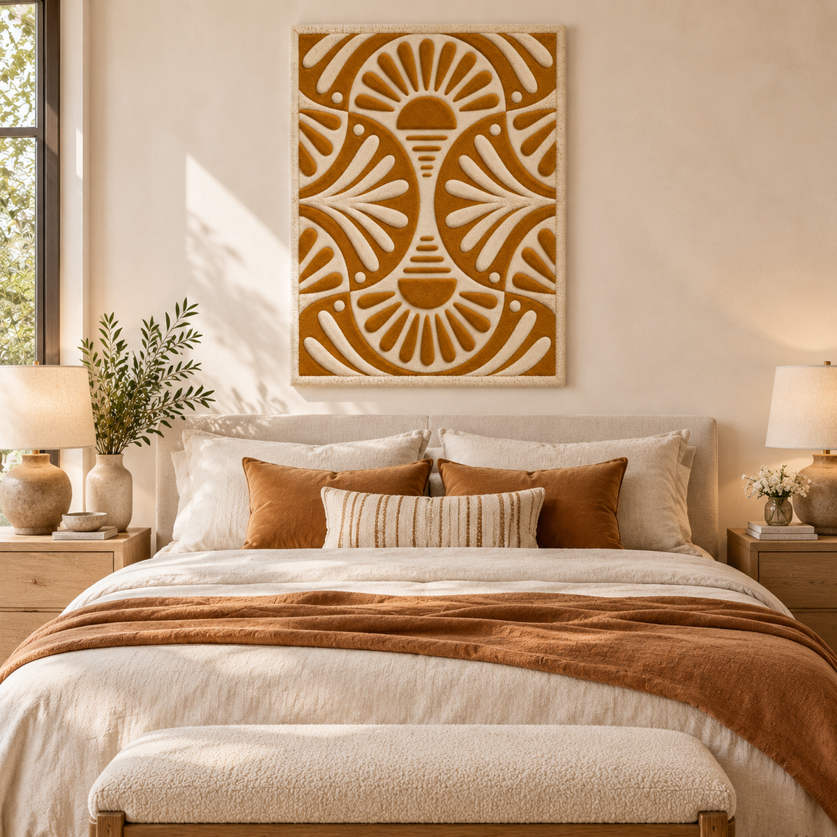 Hewn Earth Ochre Radiant Fans wall art displayed in a modern room scene, showcasing warm ochre tones and abstract fan design.