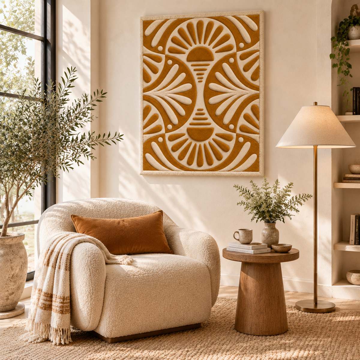 Hewn Earth Ochre Radiant Fans wall art hanging above a modern living room. Bright ochre-colored abstract wall decor.