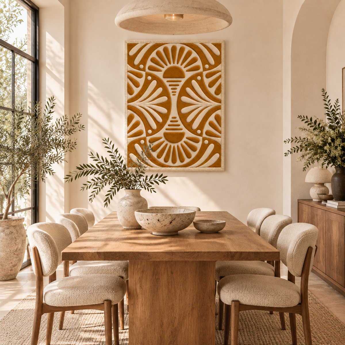 Hewn Earth Ochre Radiant Fans wall art displayed in a room, featuring vibrant ochre tones and intricate fan-shaped design.