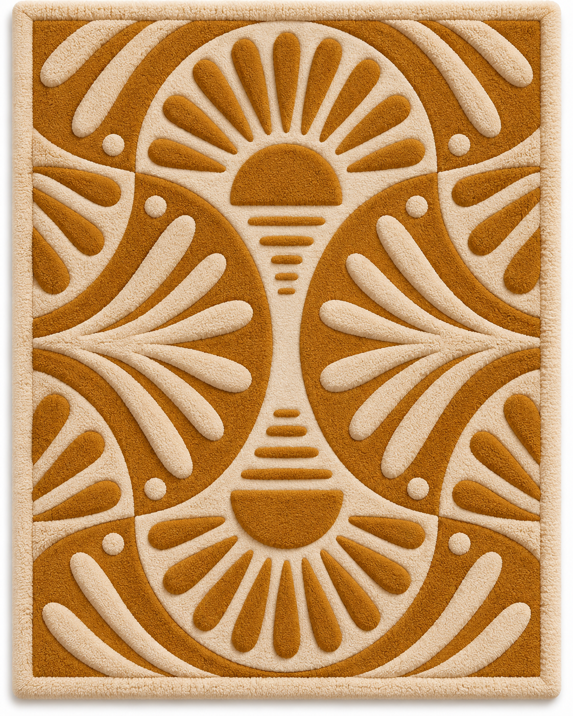 Hewn Earth Ochre Radiant Fans wall art featuring abstract fan-shaped design in warm ochre tones on a white background