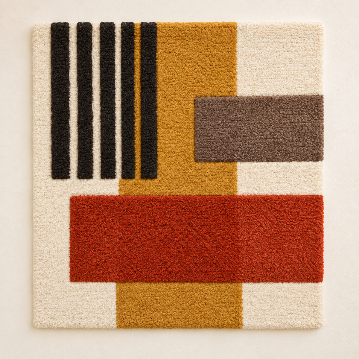 Hewn Earth ochre signal and rust crossbar wall art with geometric design on a neutral background.