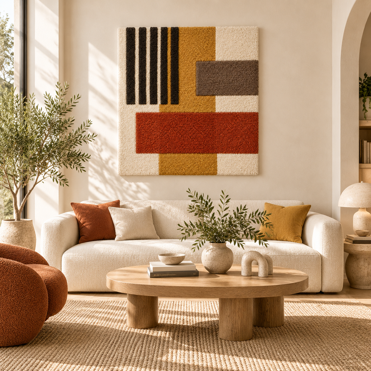 Hewn Earth wall art featuring an ochre signal and rust crossbar design, displayed on a room wall.