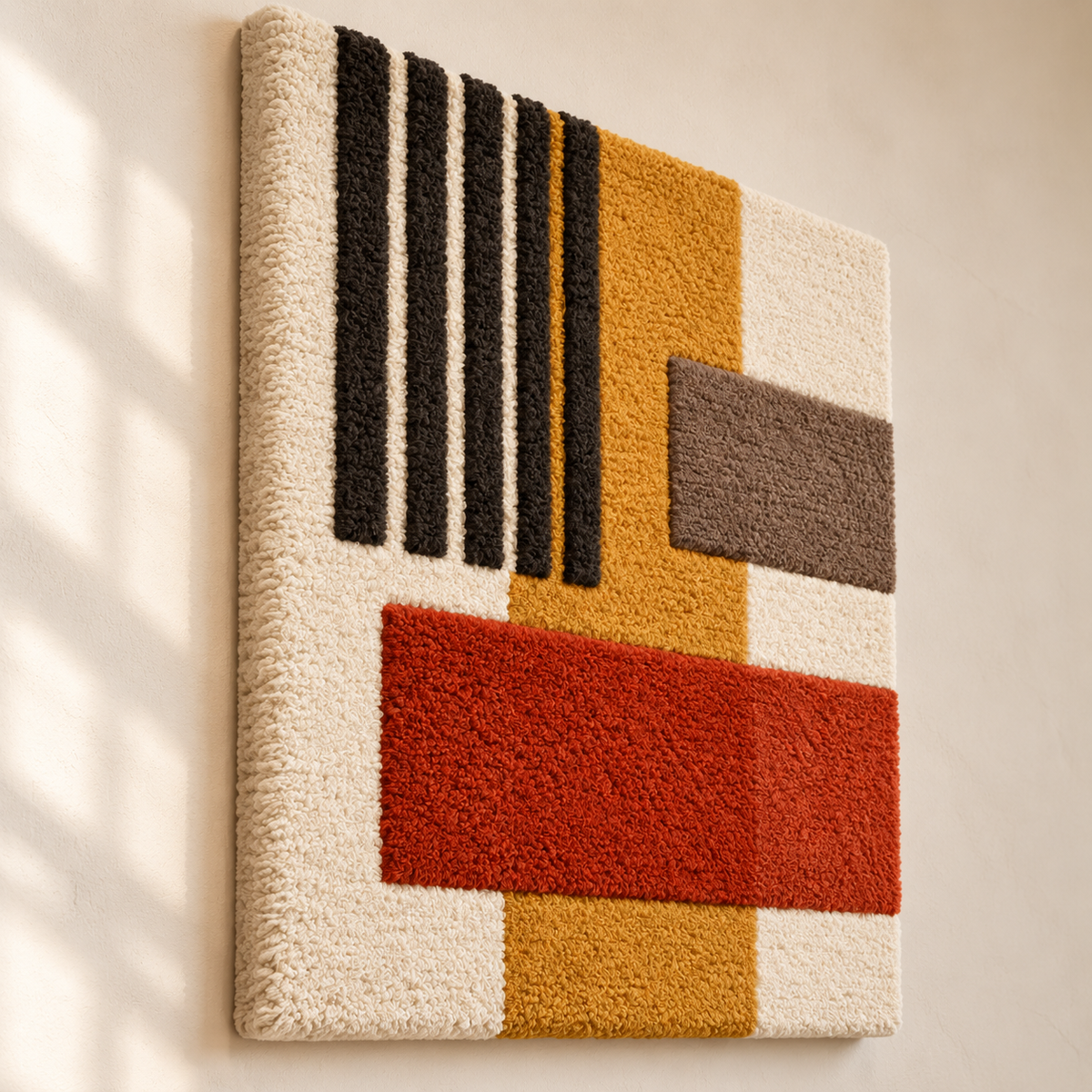 Hewn Earth wall art featuring an ochre signal and rust crossbar, displayed from an angled perspective on a white background.