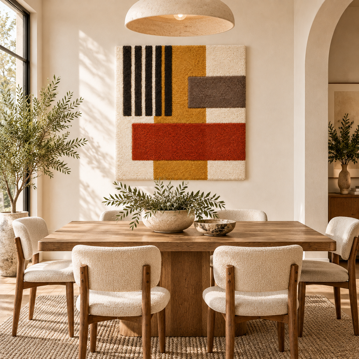 Hewn Earth ochre signal and rust crossbar wall art hanging in a modern room scene.