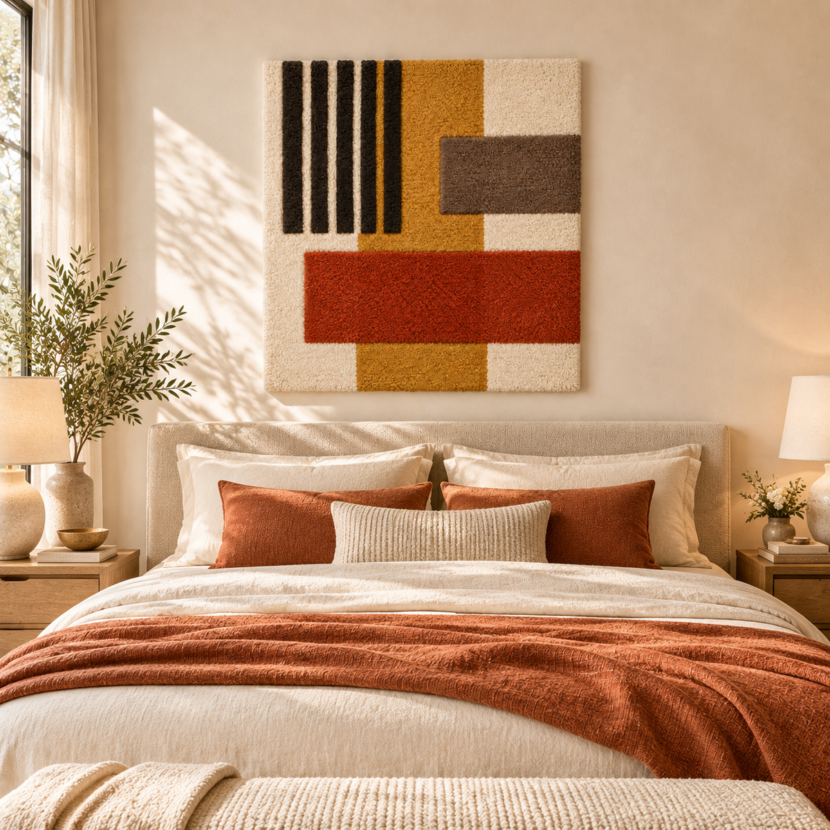 Hewn Earth ochre signal and rust crossbar wall art hanging in a modern room scene, showcasing artistic industrial design.
