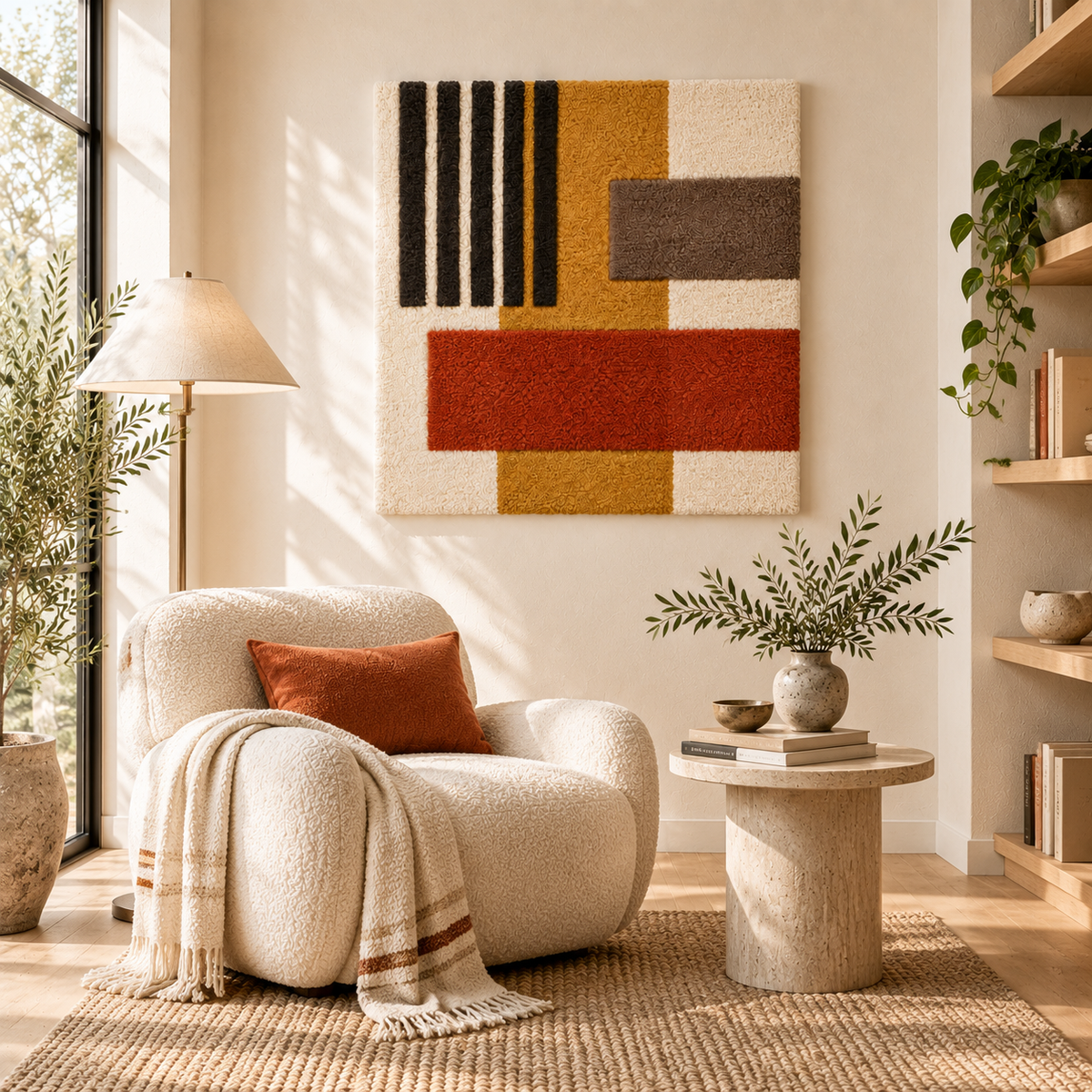 Hewn Earth wall art featuring an ochre signal and rust crossbar hanging in a modern room setting.