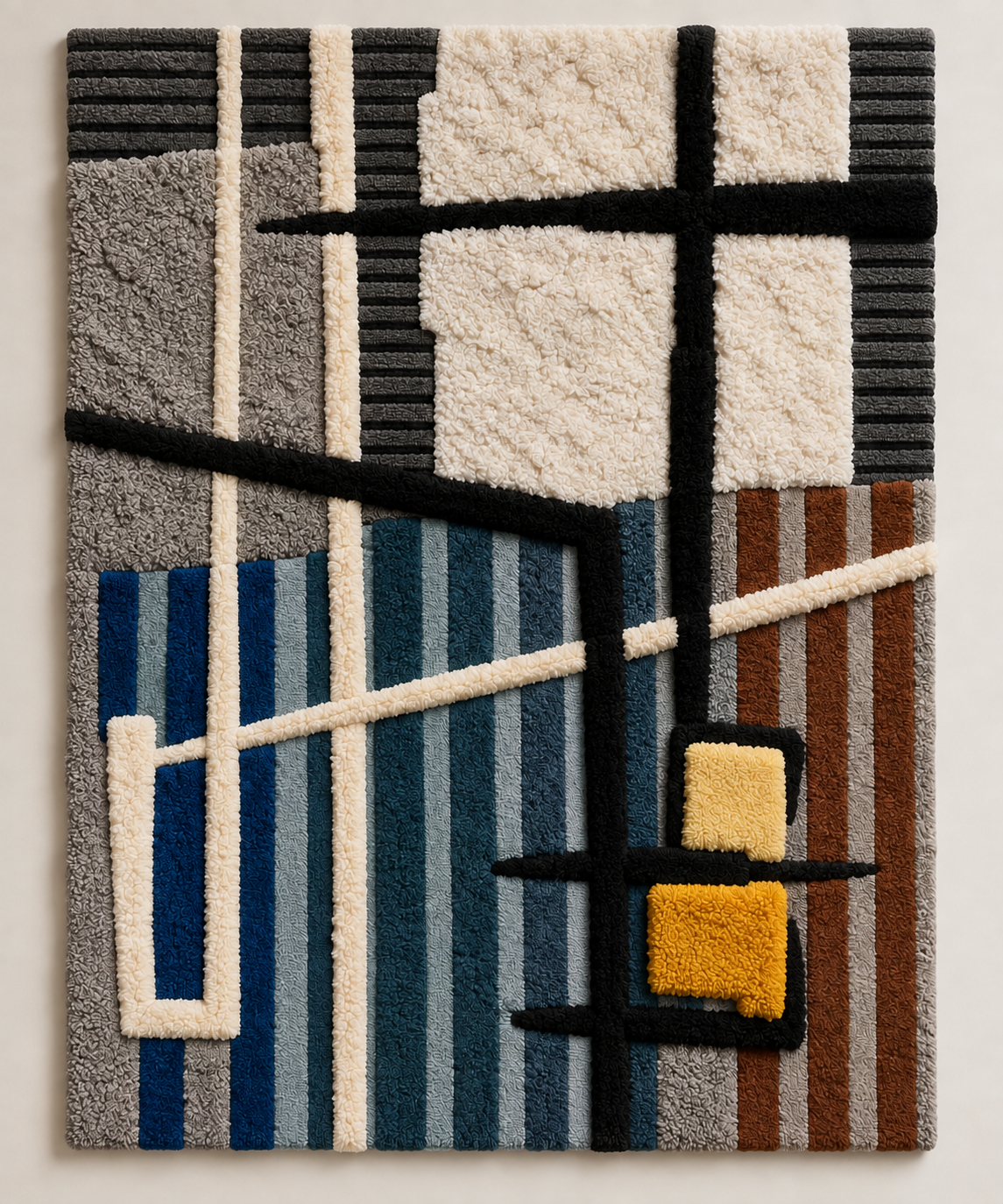 Hewn Earth wall art featuring ochre square shapes arranged in a blue line grid pattern on a light background.