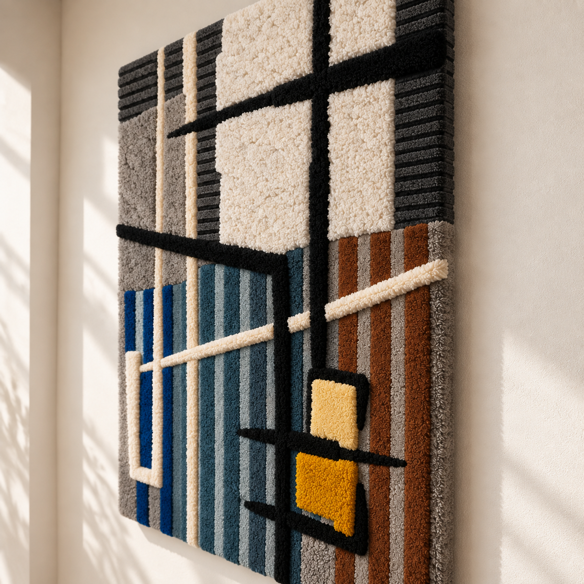 Hewn Earth wall art featuring ochre squares arranged in a blue line grid pattern, displayed at an angle.