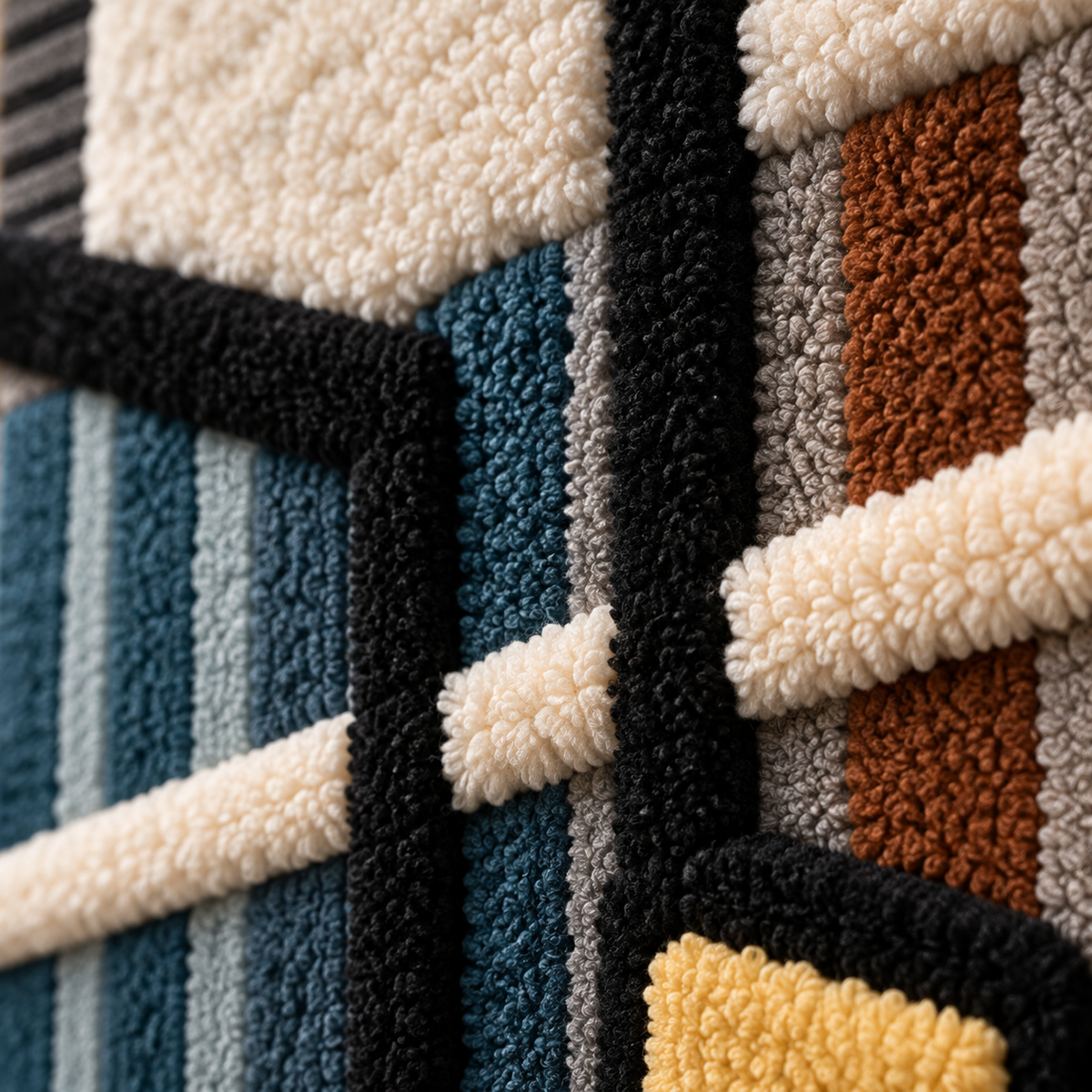 Close-up of Hewn Earth wall art featuring ochre squares arranged in a blue line grid pattern on a neutral background.