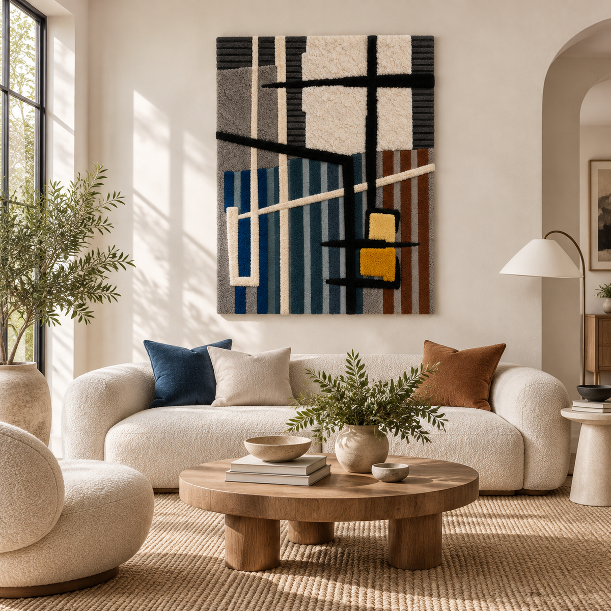 Hewn Earth wall art featuring ochre squares arranged in a blue line grid on a neutral background.