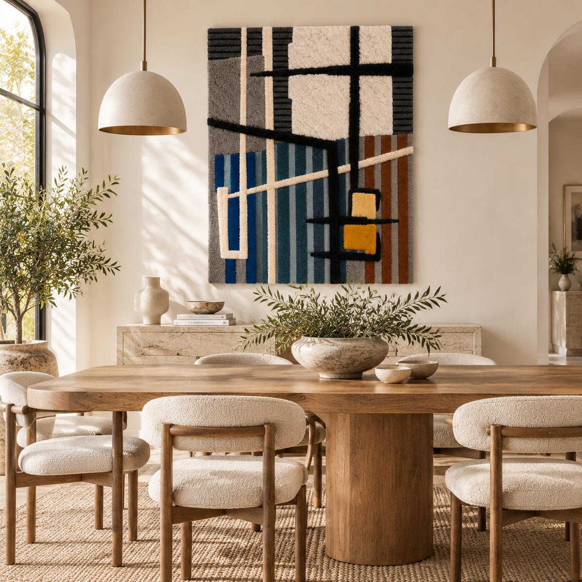 Hewn Earth wall art featuring ochre squares arranged in a blue line grid pattern, displayed in a modern room setting.