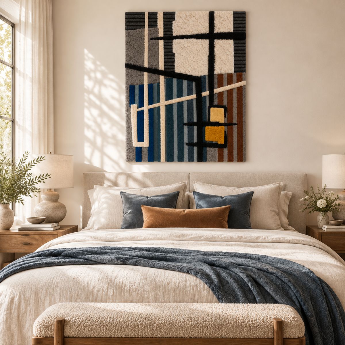 Hewn Earth wall art featuring ochre squares in a blue line grid design, modern abstract wall decor for contemporary interiors.