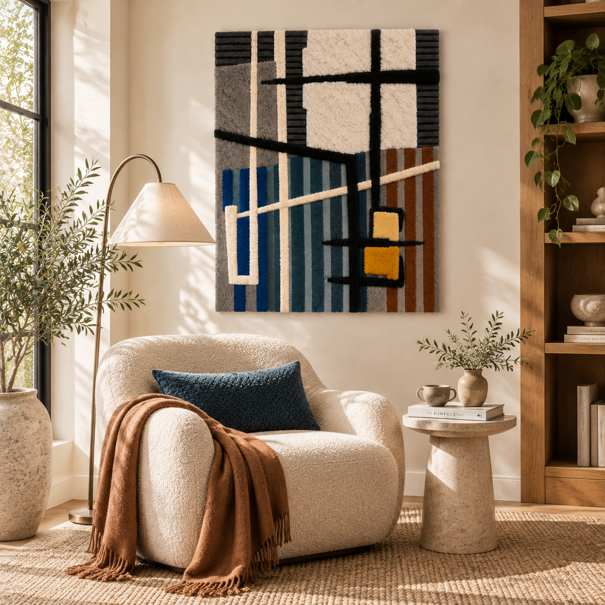 Hewn Earth wall art features ochre squares arranged in a blue line grid on a neutral background, modern geometric wall decor.