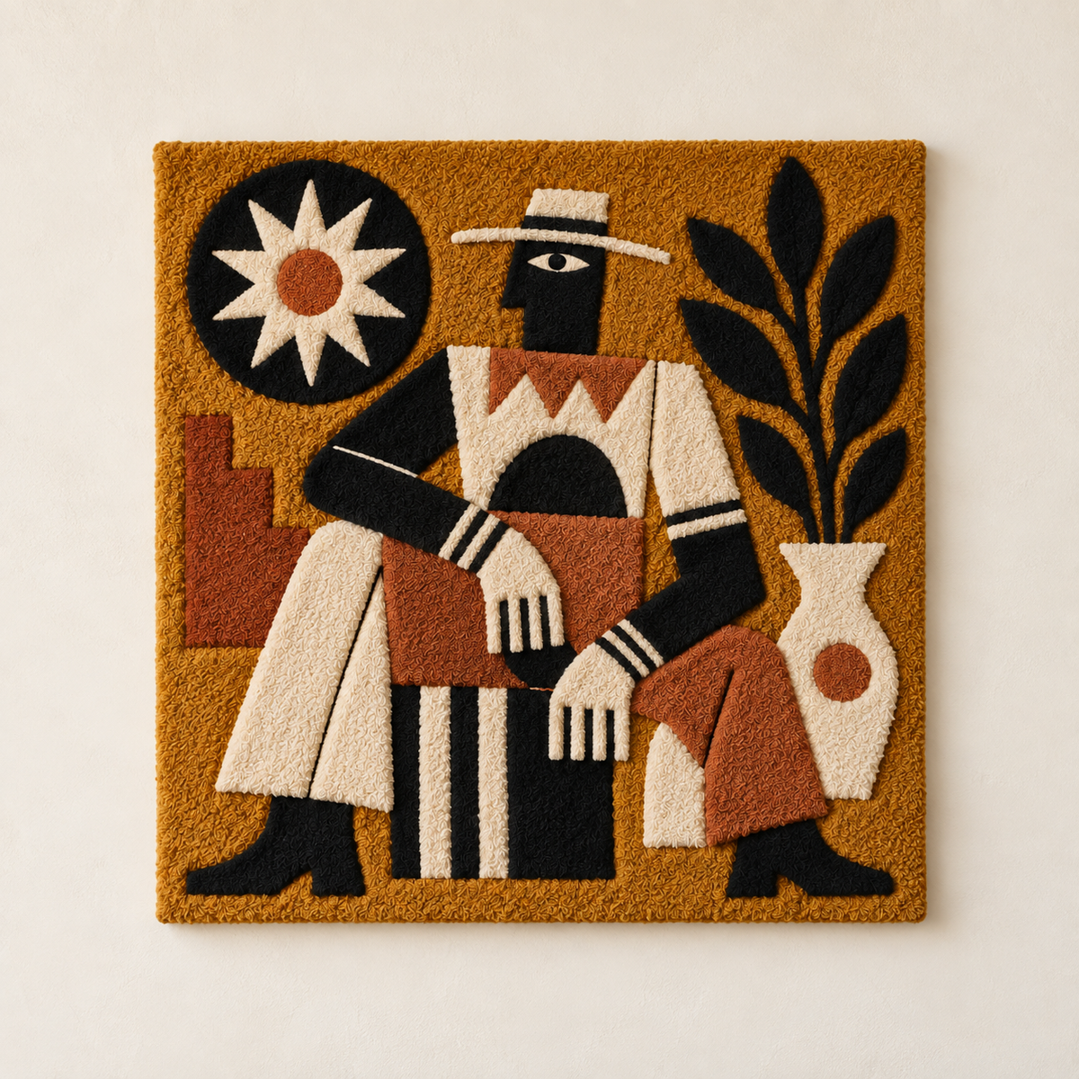 Hewn Earth Ochre Sunlit Drummer wall art featuring a vibrant, sunlit drummer figure on a textured background.