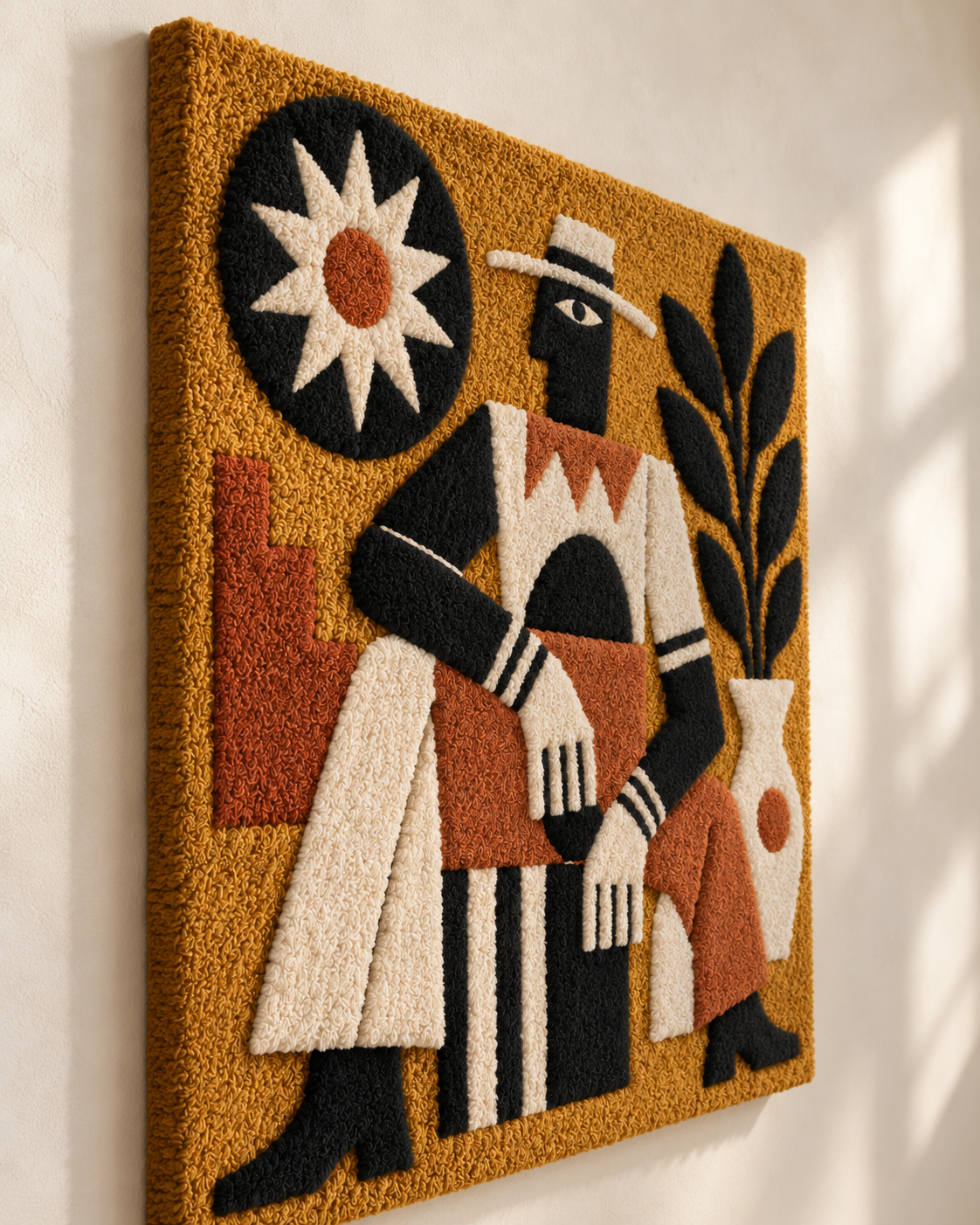 Hewn Earth Ochre Sunlit Drummer wall art featuring a vibrant, sunlit abstract drummer in warm ochre tones, angled view.