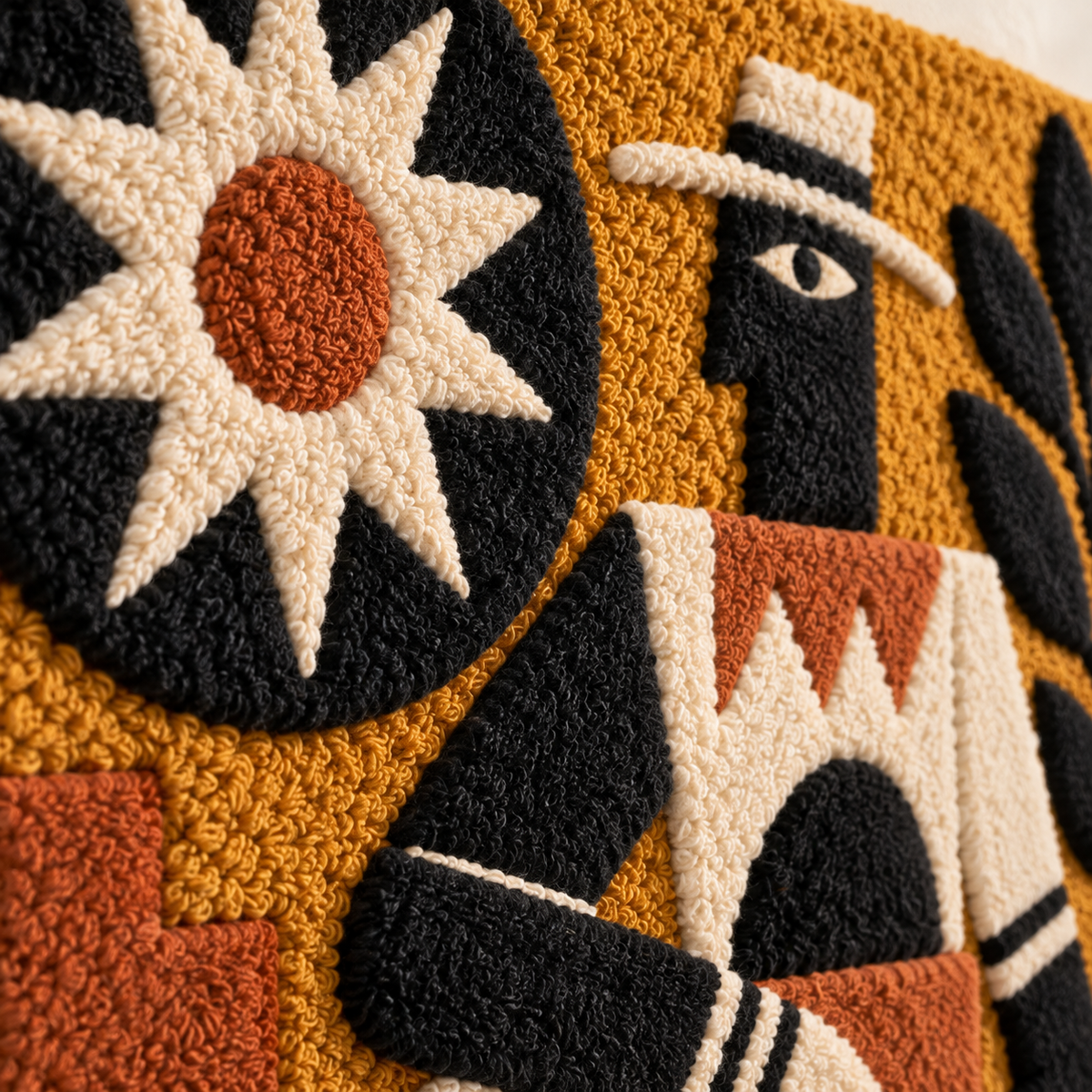 Close-up of Hewn Earth Ochre Sunlit Drummer wall art showcasing textured design and warm sunlit hues.