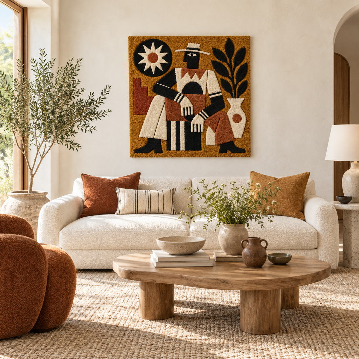 Ochre Sunlit Drummer wall art by Hewn Earth, featuring a vibrant, sunlit drummer figure on a modern background.
