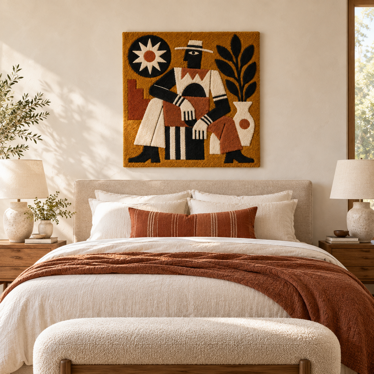 Hewn Earth Ochre Sunlit Drummer wall art featuring a vibrant, sunlit drummer figure in warm ochre tones for modern interior decor.