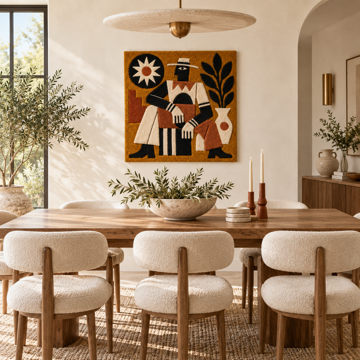 Ochre Sunlit Drummer wall art by Hewn Earth, featuring a vibrant ochre-toned drummer figure in a room setting.