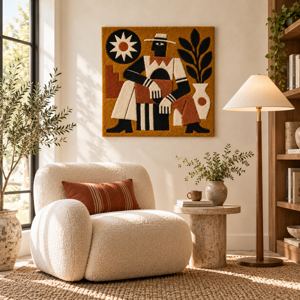 Ochre Sunlit Drummer Hewn Earth wall art featuring a vibrant drummer figure against a warm, sunlit background.