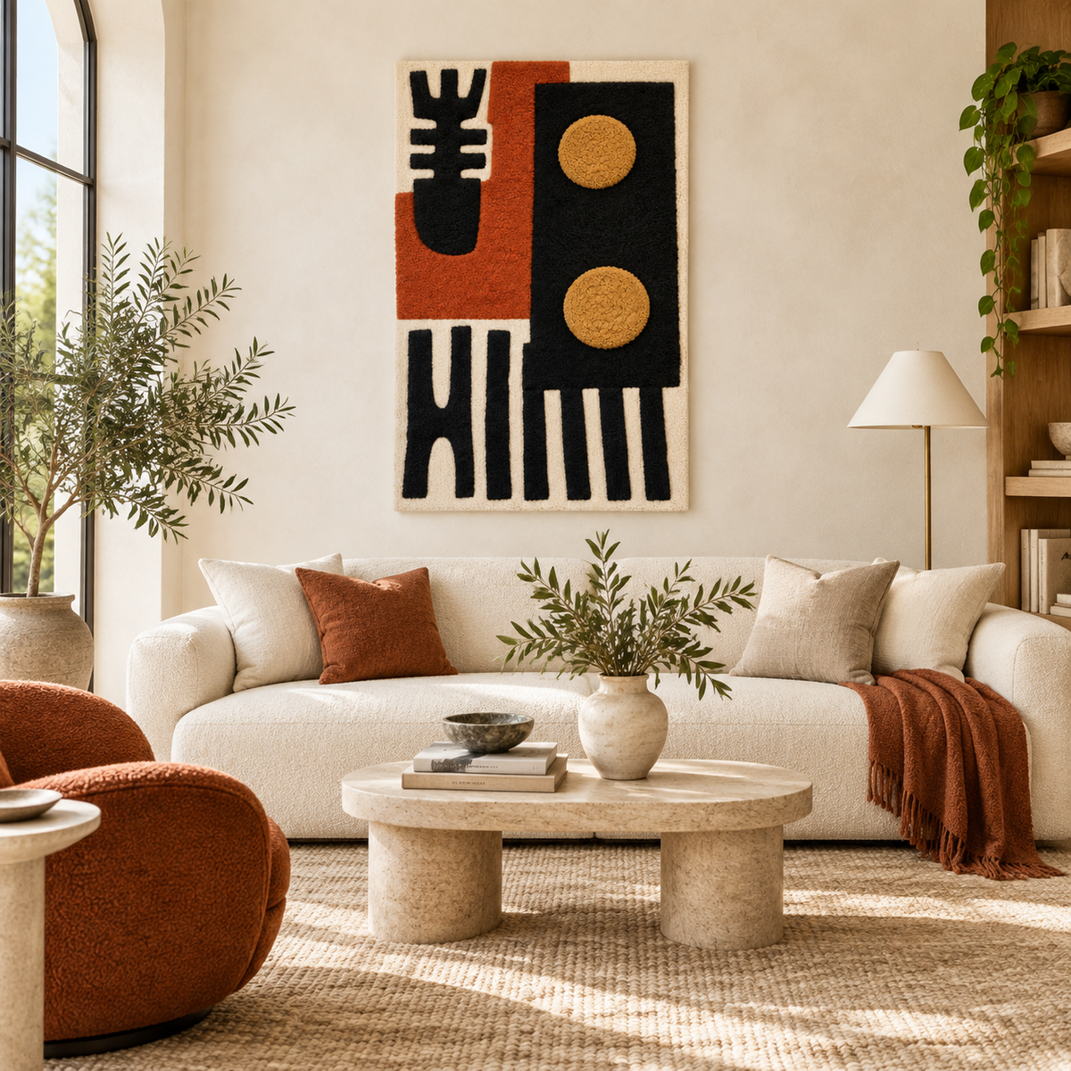 Hewn Earth ochre wall art piece titled "Totem Signals" featuring abstract totem design, ideal for modern interior decor.