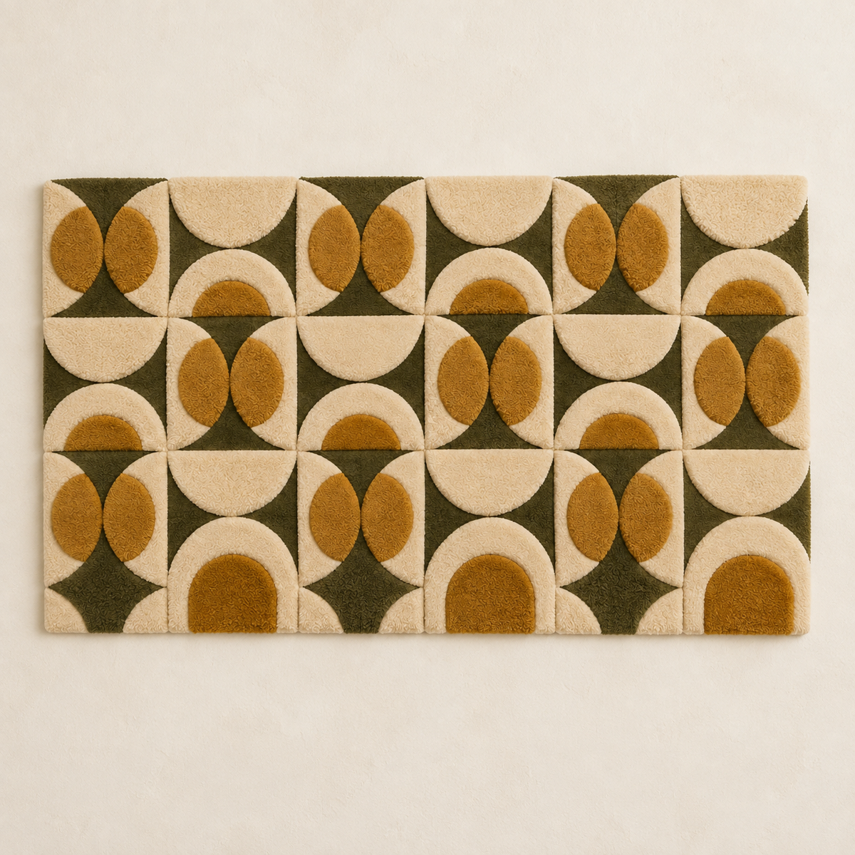 Hewn Earth wall art featuring olive and ochre circle tiles with a modern geometric design on a neutral background.