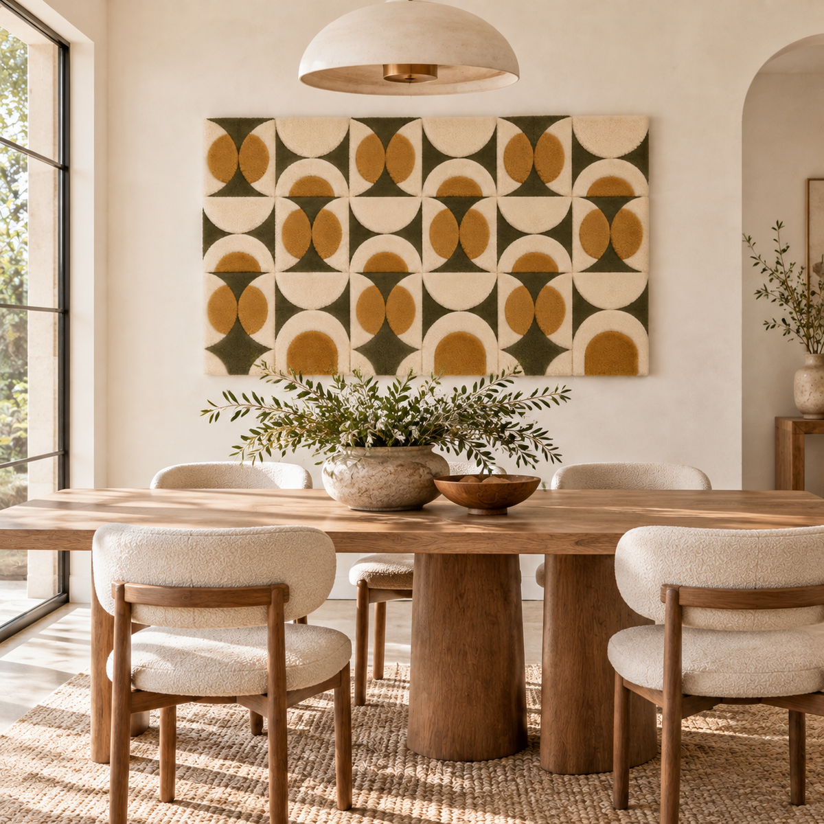 Hewn Earth olive and ochre circle wall art tiles arranged decoratively on a wall in a modern room scene.