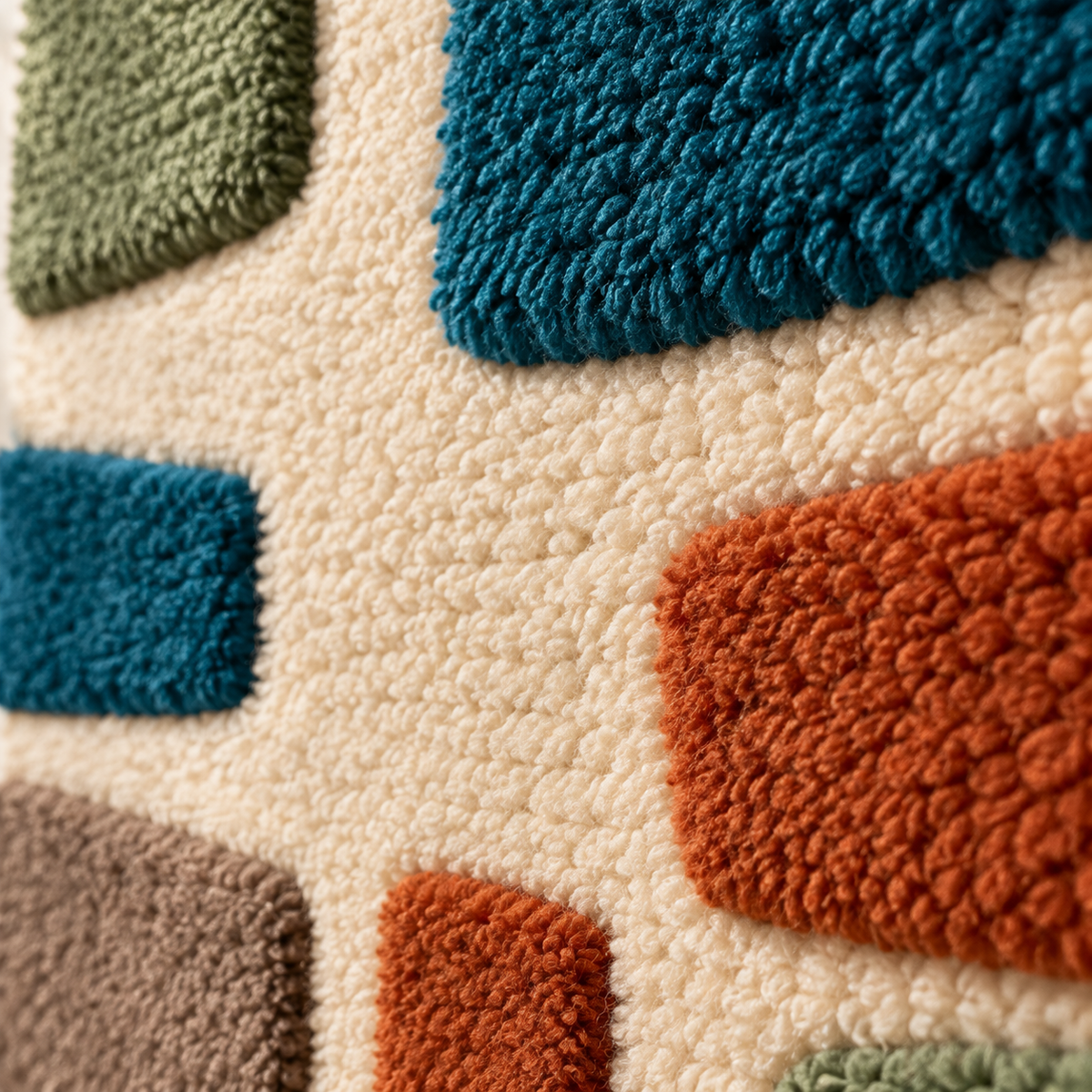 Olive and Teal Courtyard Blocks — tufted wool texture detail