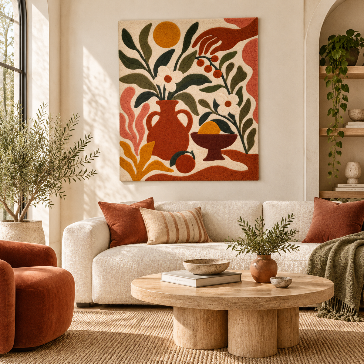 Hewn Earth olive branch harvest table wall art hanging on a wall, featuring detailed olive branch design in natural tones.