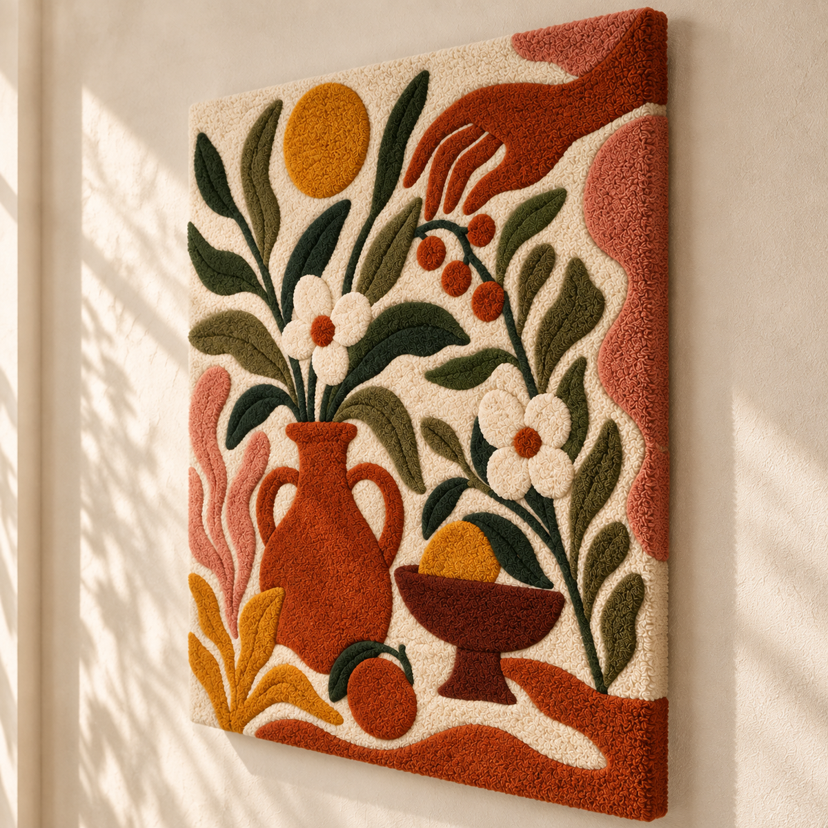 Hewn Earth olive branch harvest table wall art featuring a detailed illustration of olive branches and harvest motifs.