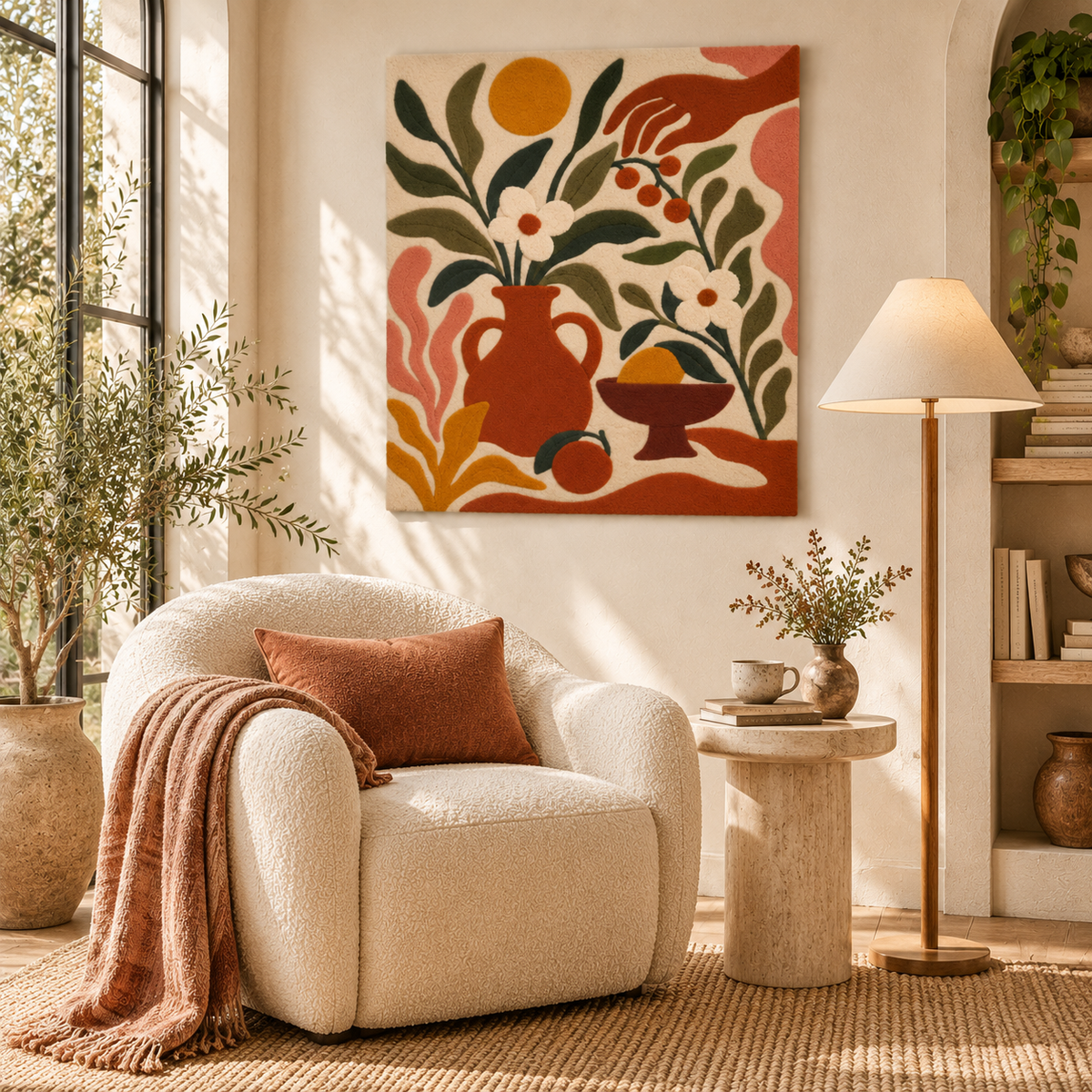Hewn Earth Olive Branch Harvest Table wall art displayed in a room scene, featuring a rustic olive branch design as wall decor.