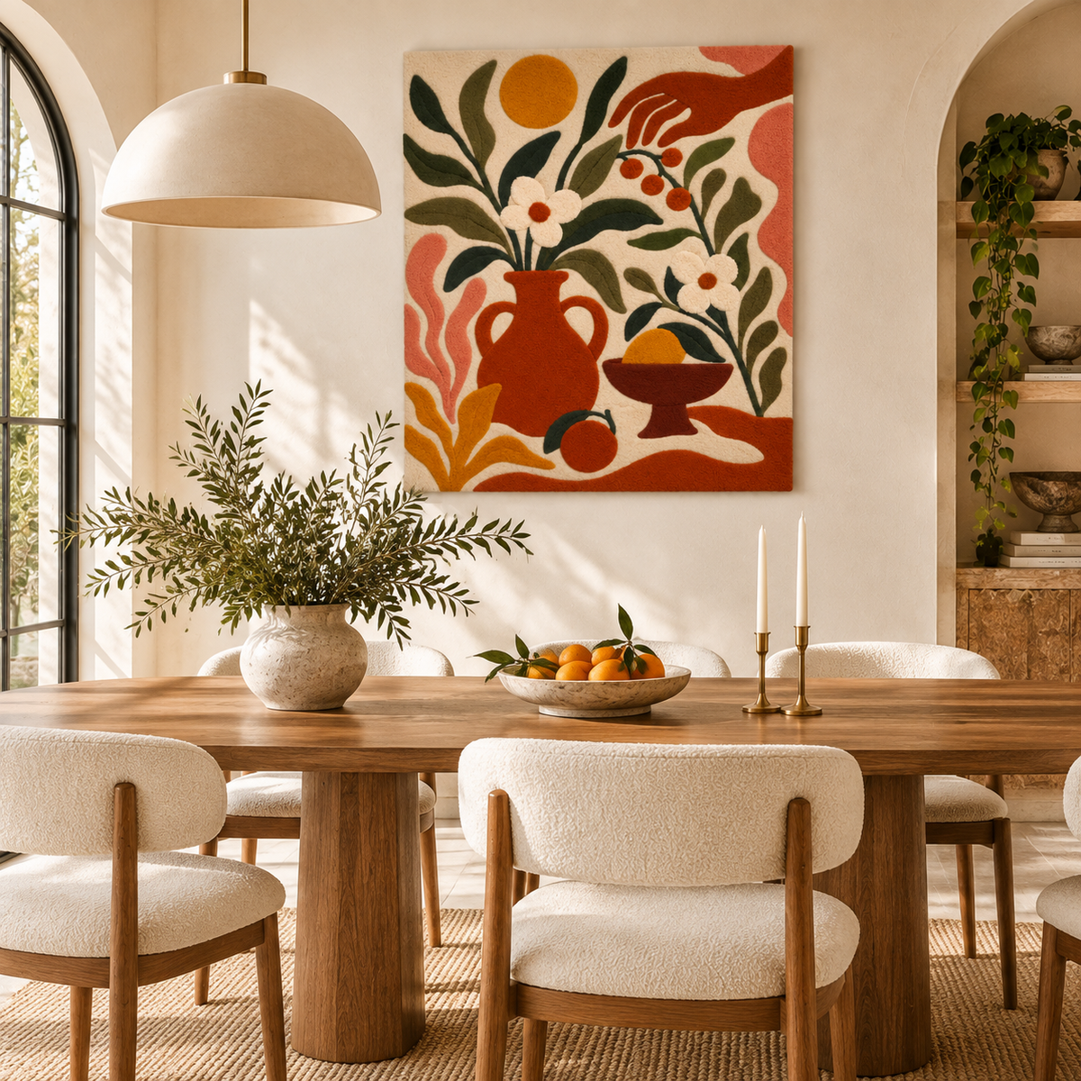 Hewn Earth olive branch harvest table wall art hanging on a wall in a cozy room scene, natural and rustic decor.