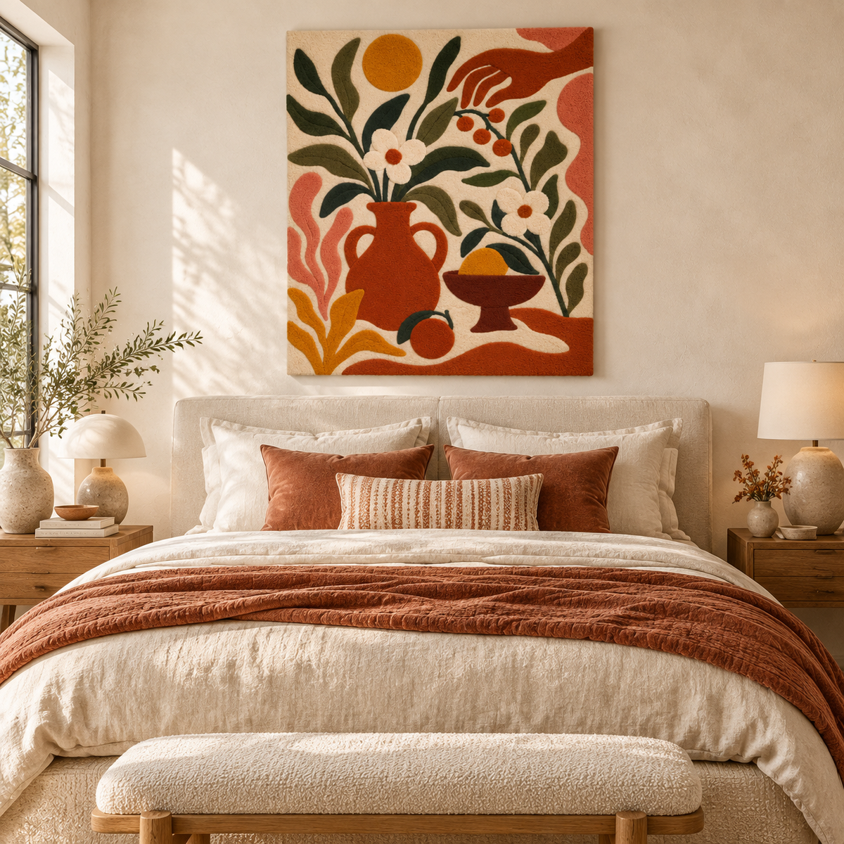 Hewn Earth Olive Branch Harvest Table wall art displayed on a room wall, featuring a detailed olive branch illustration.