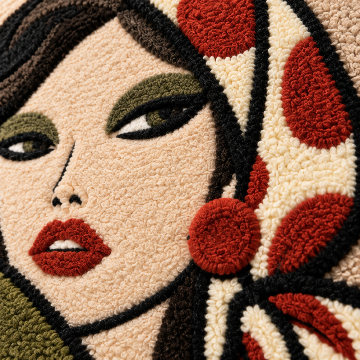 Olive Daisy Headscarf Muse — tufted wool texture detail