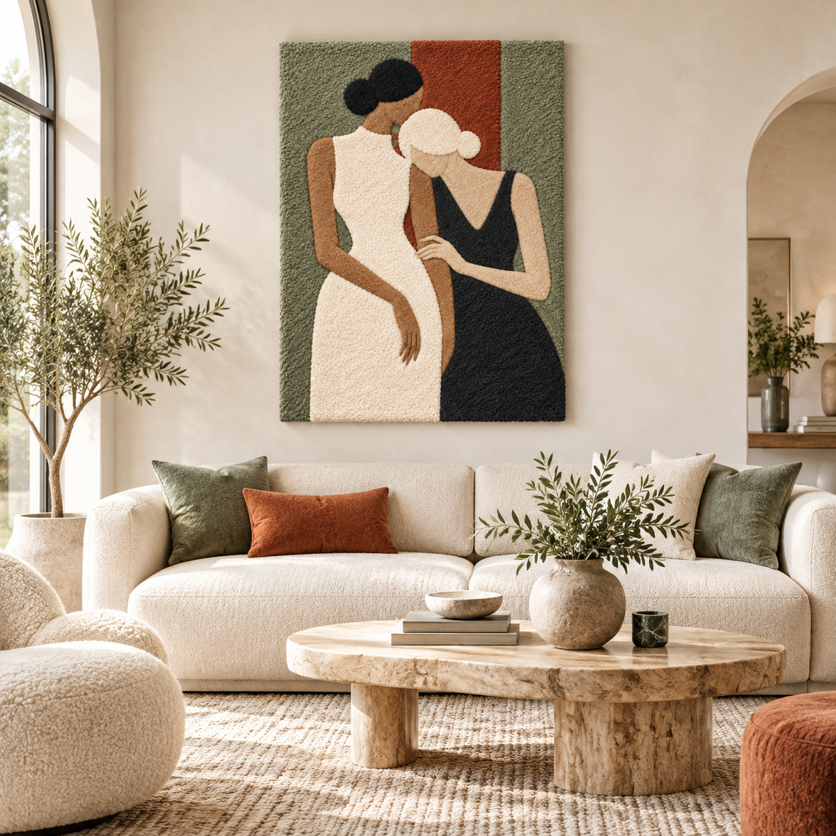 Olive Evening Shared Stillness — front-facing room scene [room-front]