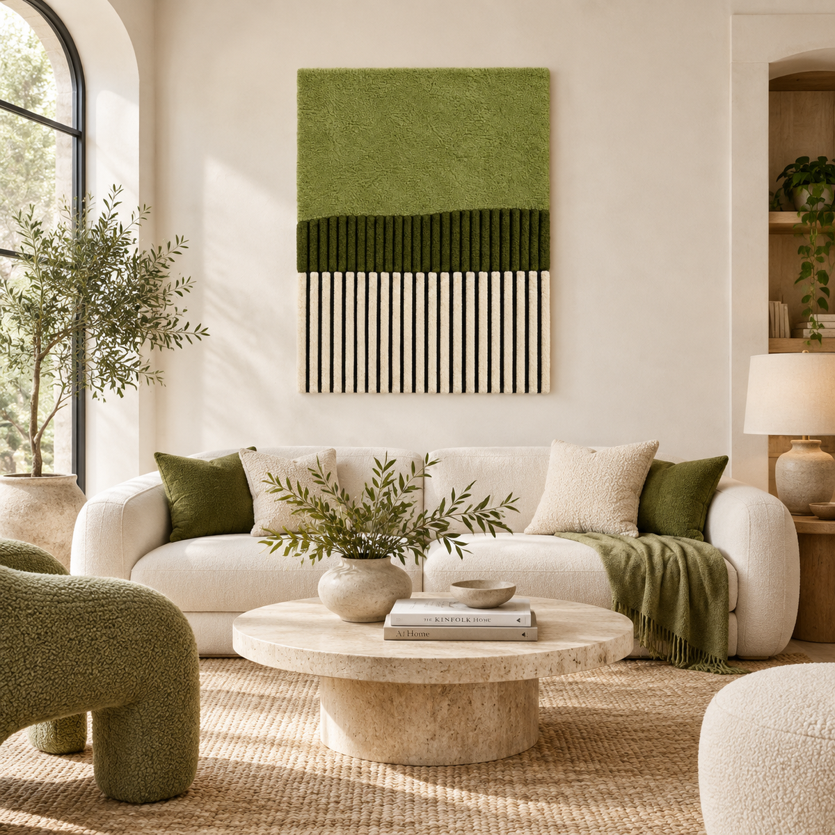 Hewn Earth Olive Field over Pinstripes wall art featuring a serene olive field scene with pinstripe background in a modern room setting.