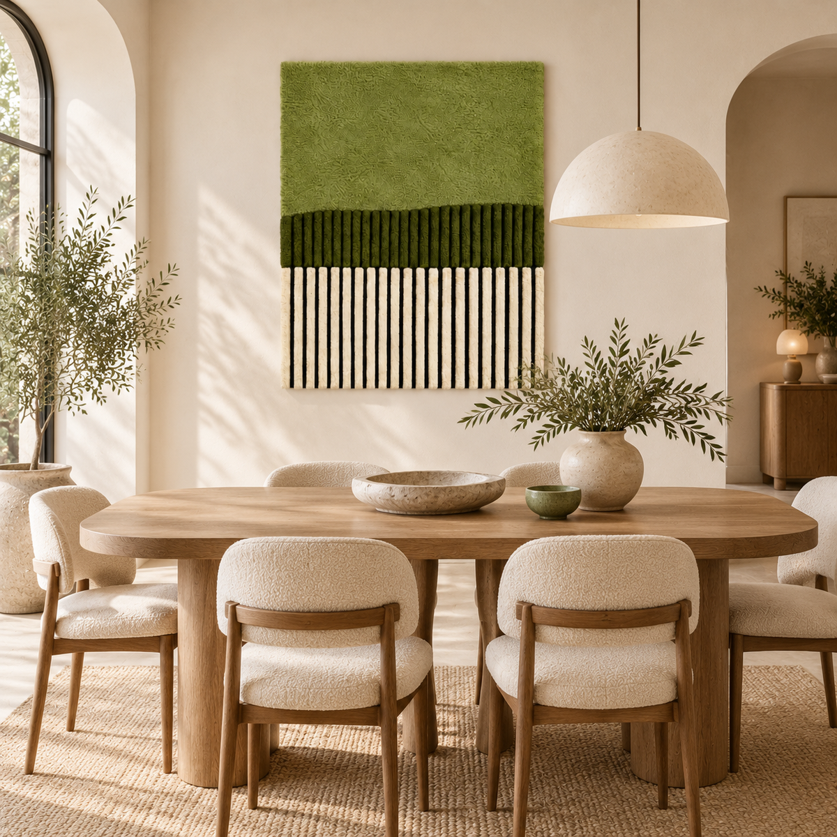 Hewn Earth Olive Field over Pinstripes wall art featuring an olive grove scene with pinstripe background in a modern room setting.