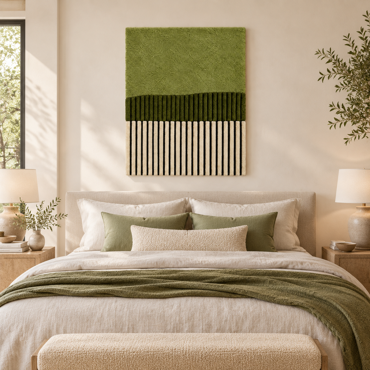 Hewn Earth Olive Field over Pinstripes wall art featuring a serene olive grove scene with pinstripe background.