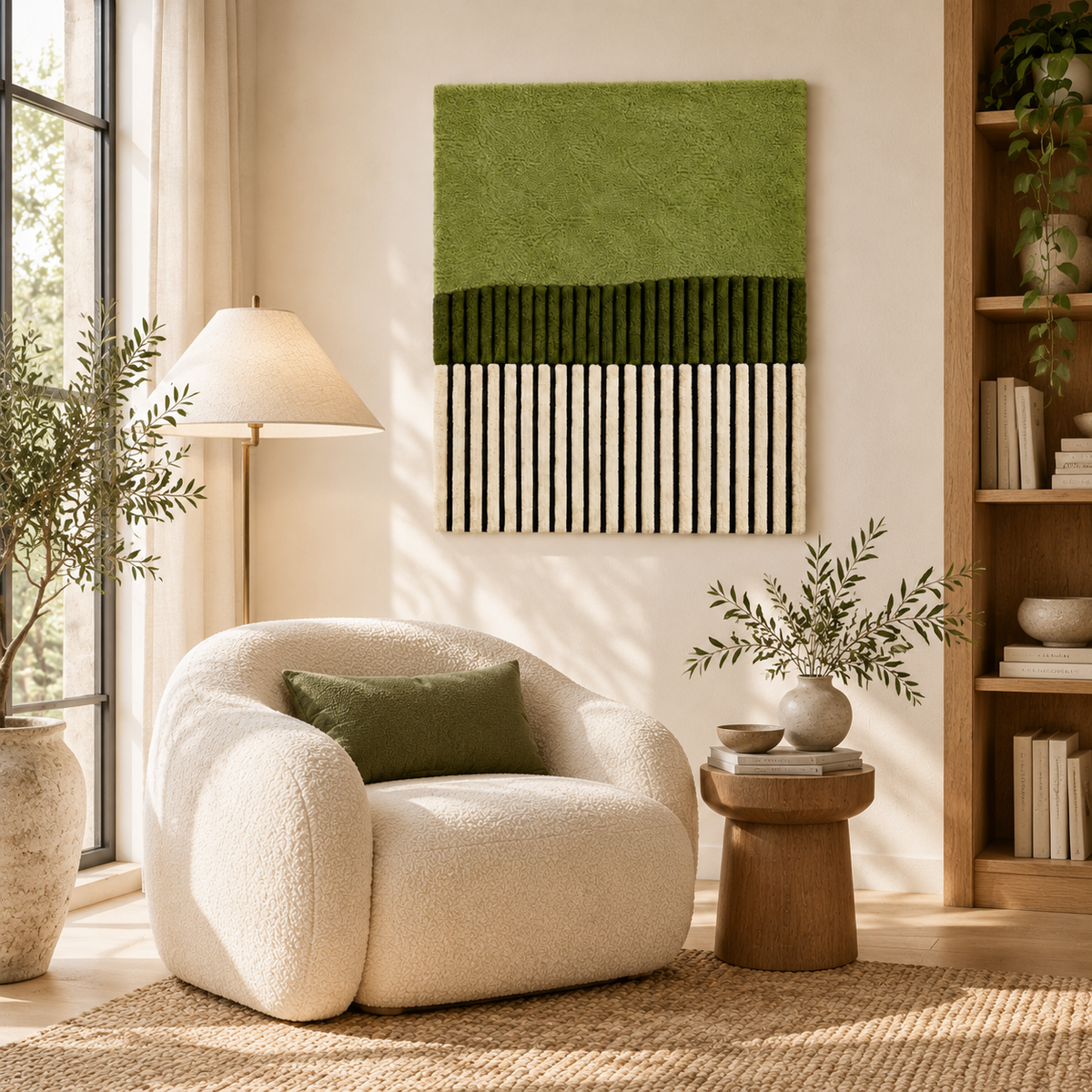 Hewn Earth Olive Field over Pinstripes wall art featuring an olive grove scene with pinstripe patterns on a room wall background
