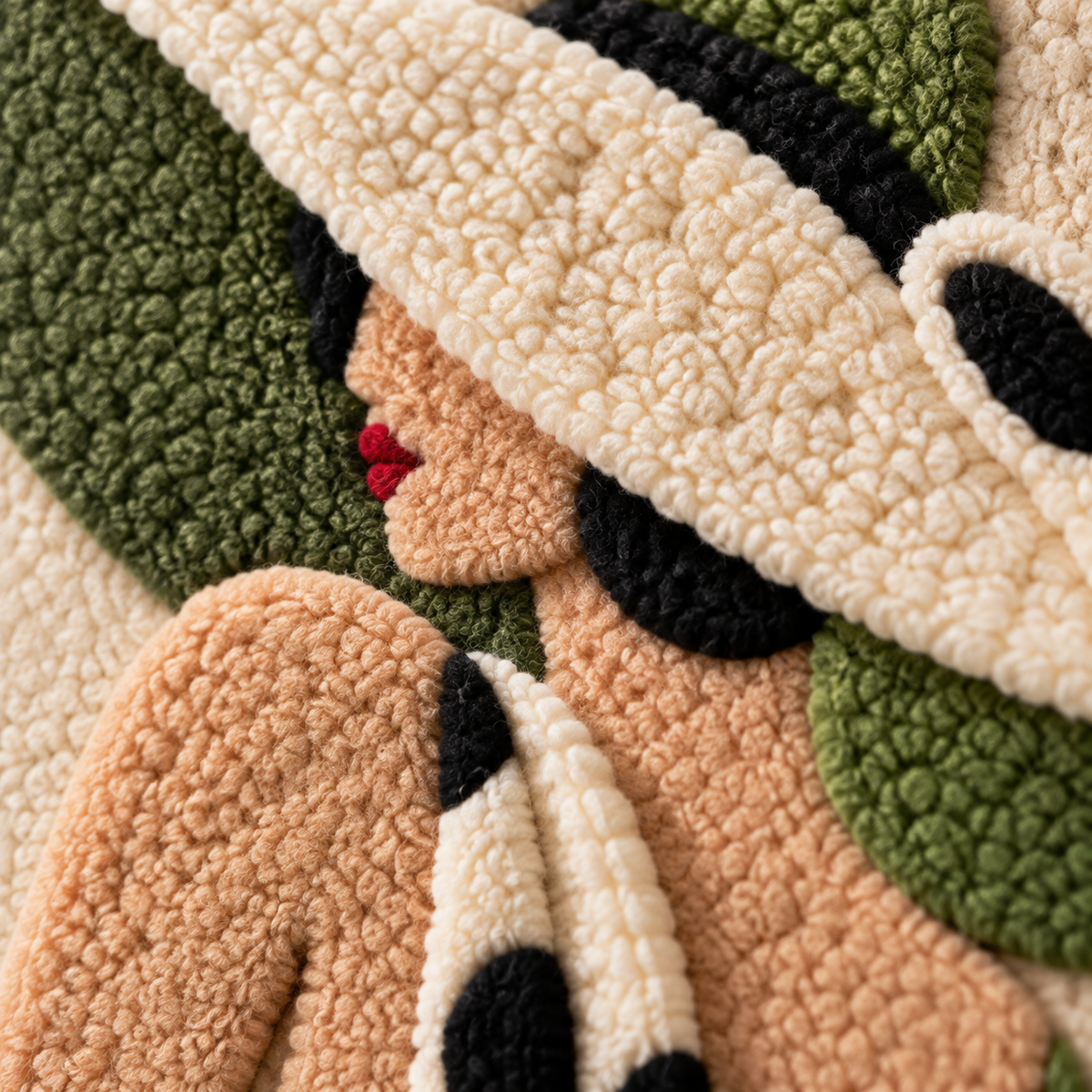Olive Hat and Polka Dot Scarf — tufted wool texture detail